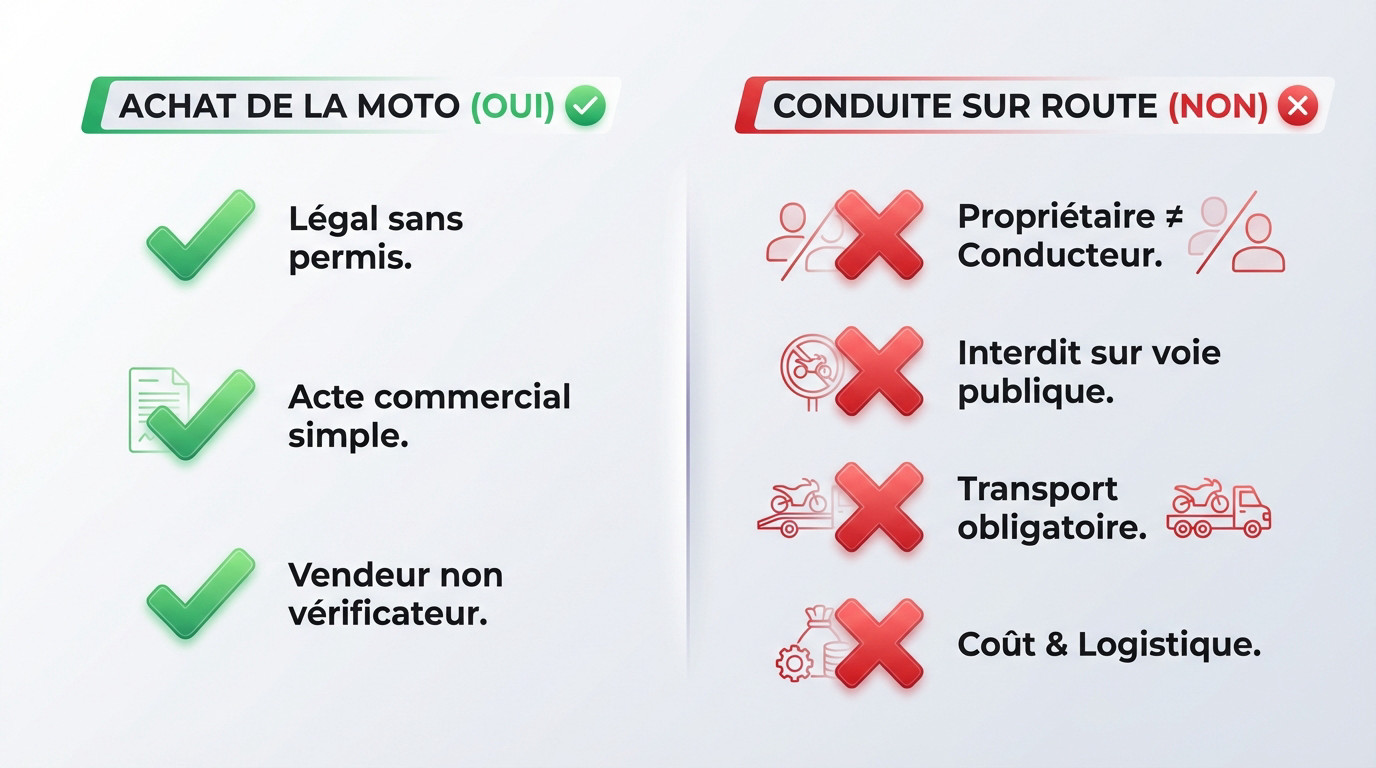 Moto neuve stationnée dans un garage, illustrant l'achat sans permis mais l'impossibilité de conduire