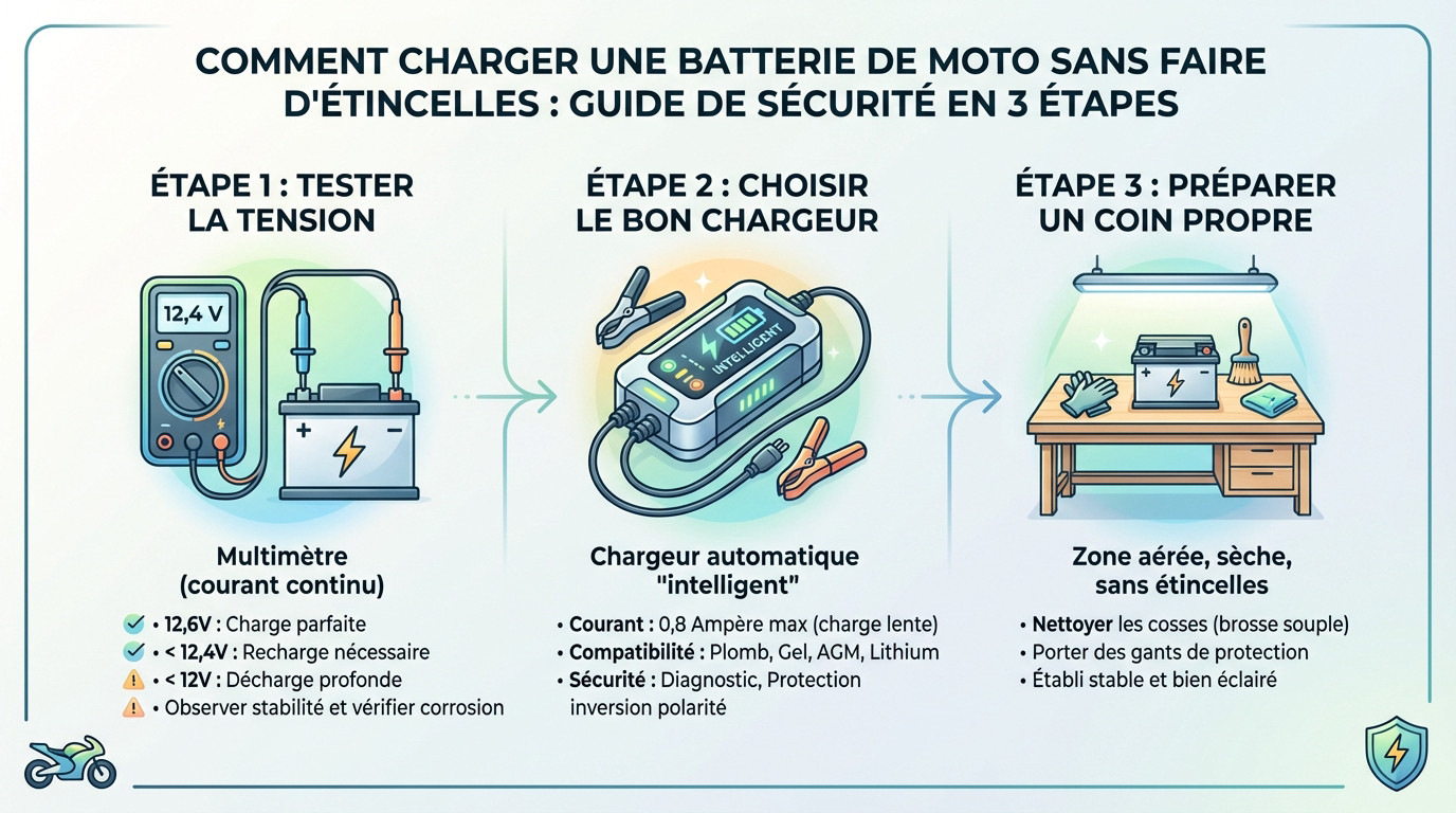 Mécanicien vérifiant les branchements d'une batterie de moto avec un chargeur intelligent