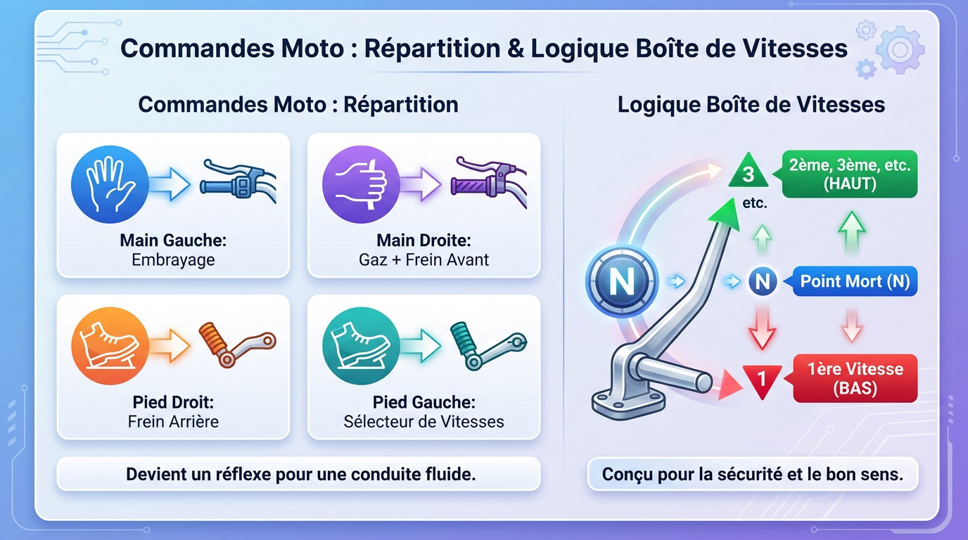 Schéma expliquant la répartition des commandes moto mains pieds et la logique de la boîte de vitesses