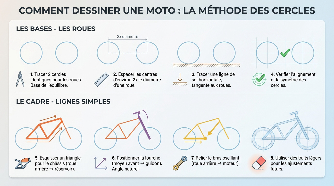 Apprendre comment dessiner une moto facilement avec la technique des cercles