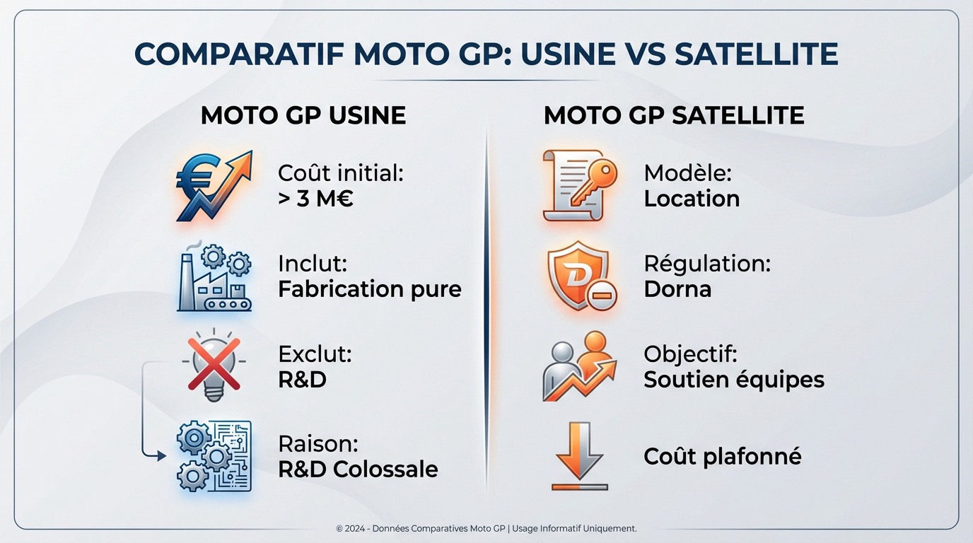 Comparaison des coûts entre une moto GP d'usine et une moto satellite