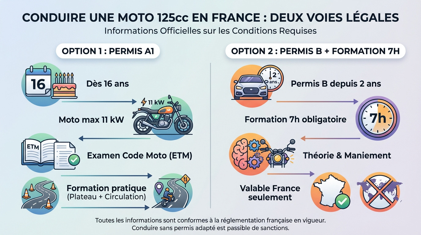Schéma explicatif des deux voies légales pour conduire une 125cc en France