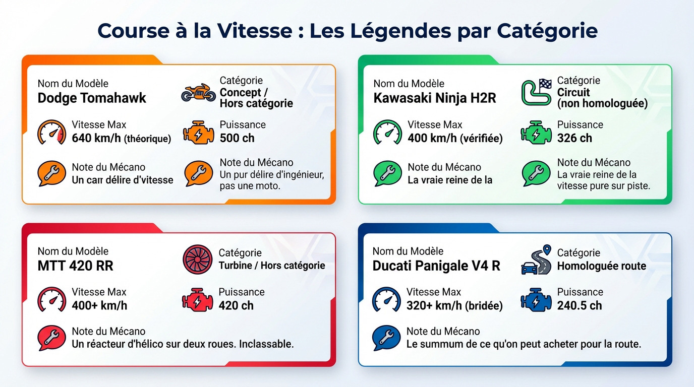 Comparatif visuel des motos les plus rapides : Dodge Tomahawk, Kawasaki Ninja H2R et Ducati Panigale