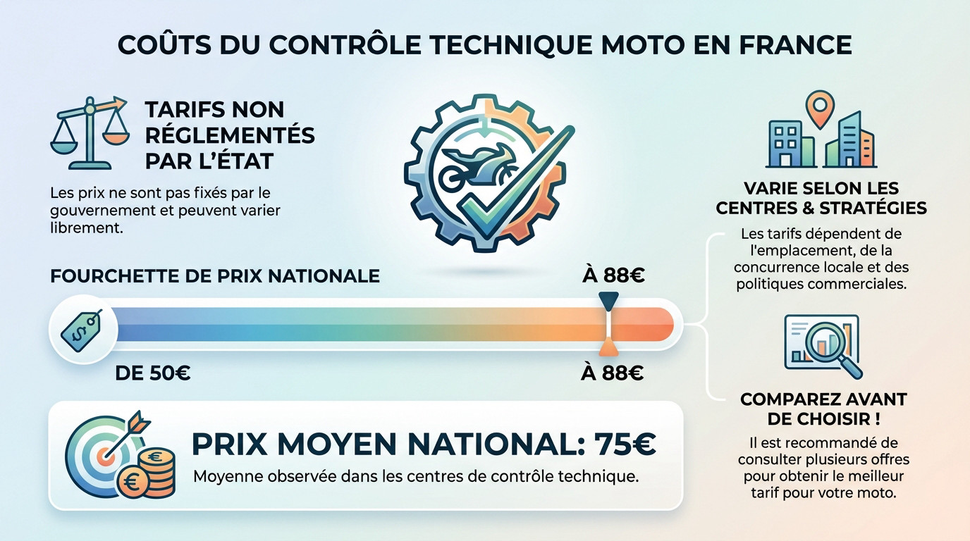 Graphique des fourchettes de prix du contrôle technique moto en France par catégorie de véhicule