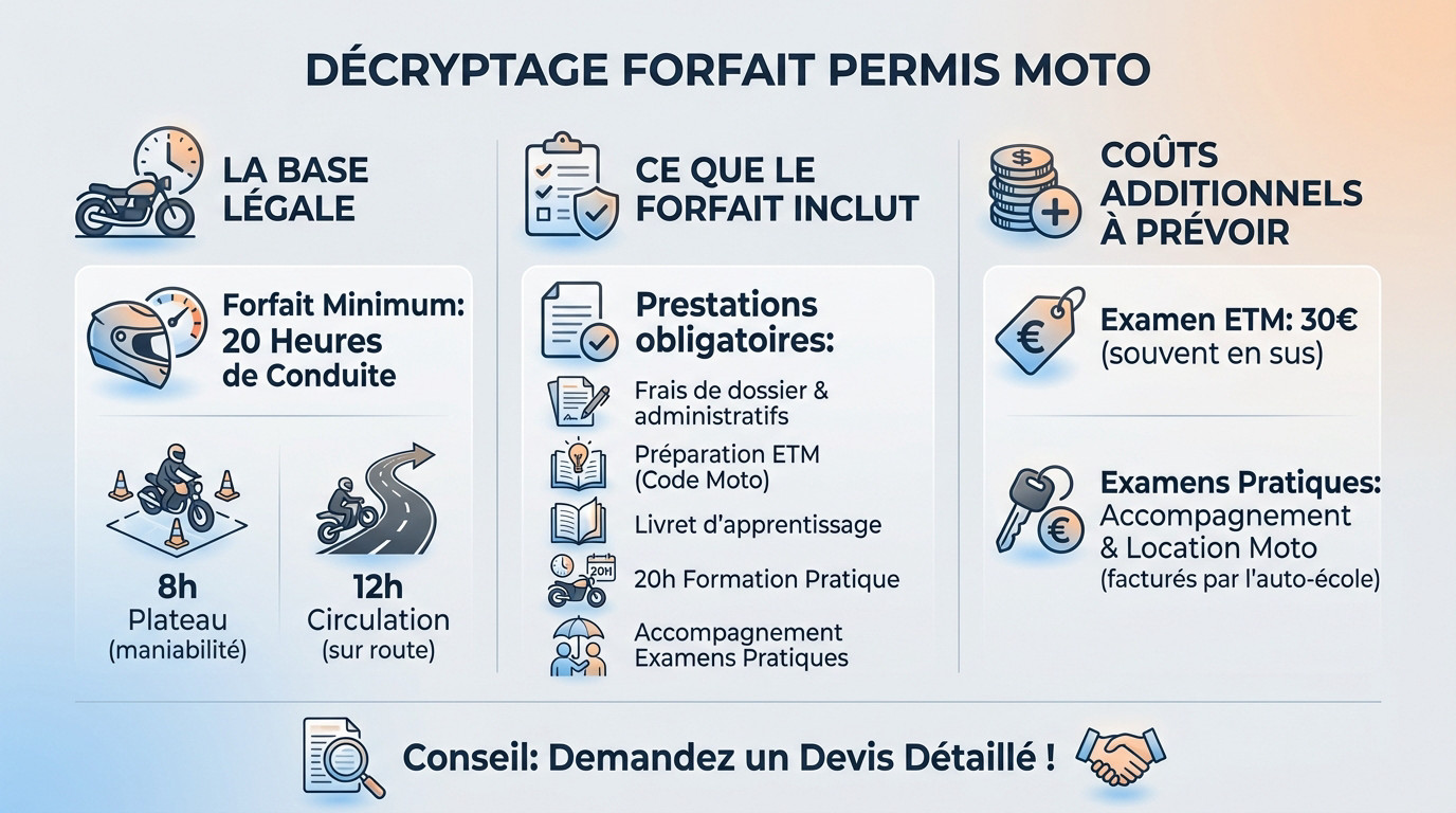 Détail des coûts inclus dans un forfait permis moto standard de 20 heures