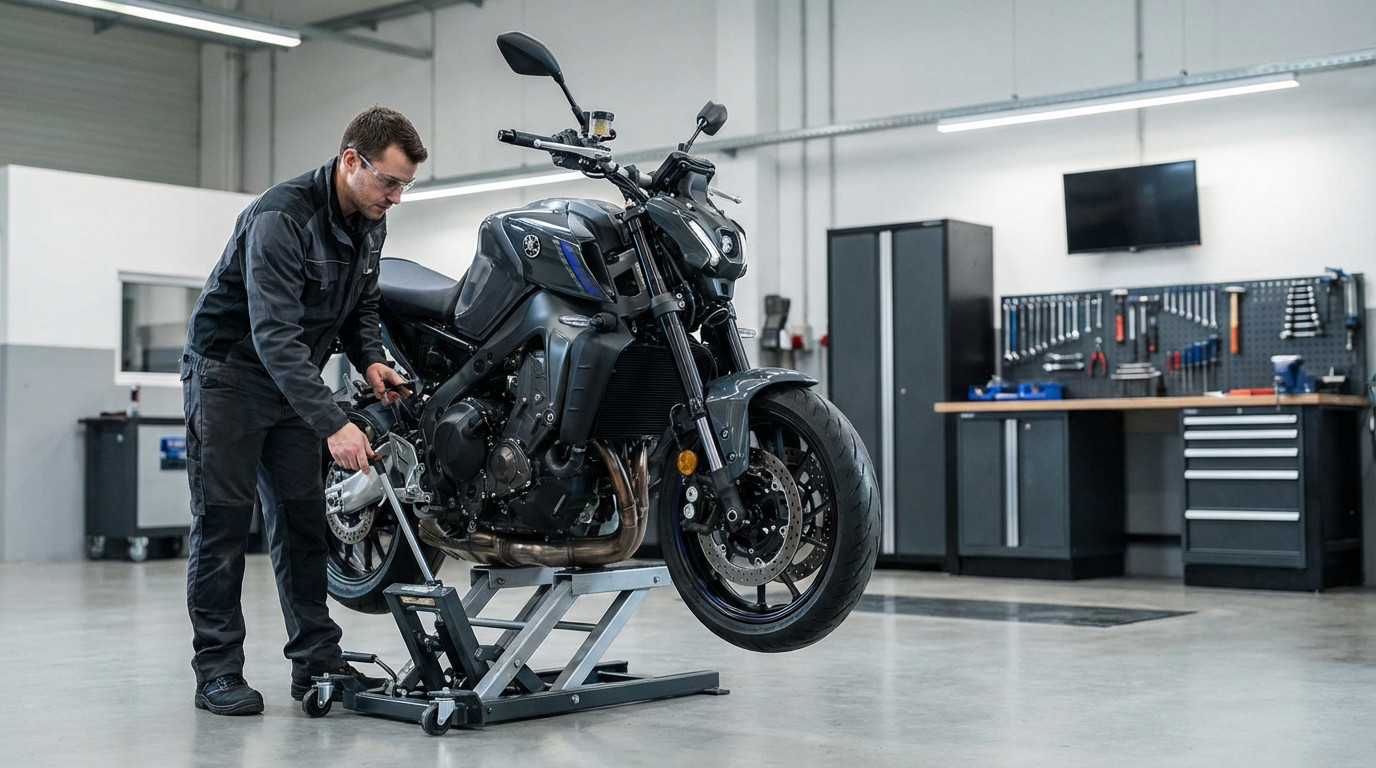 Mécanicien levant une moto avec une béquille d'atelier sur un sol en béton pour entretien