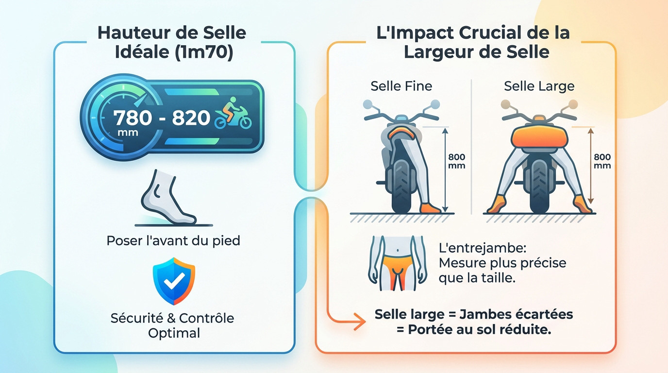 Schéma illustrant l'impact de la largeur de selle sur l'accessibilité au sol pour un motard de 1m70