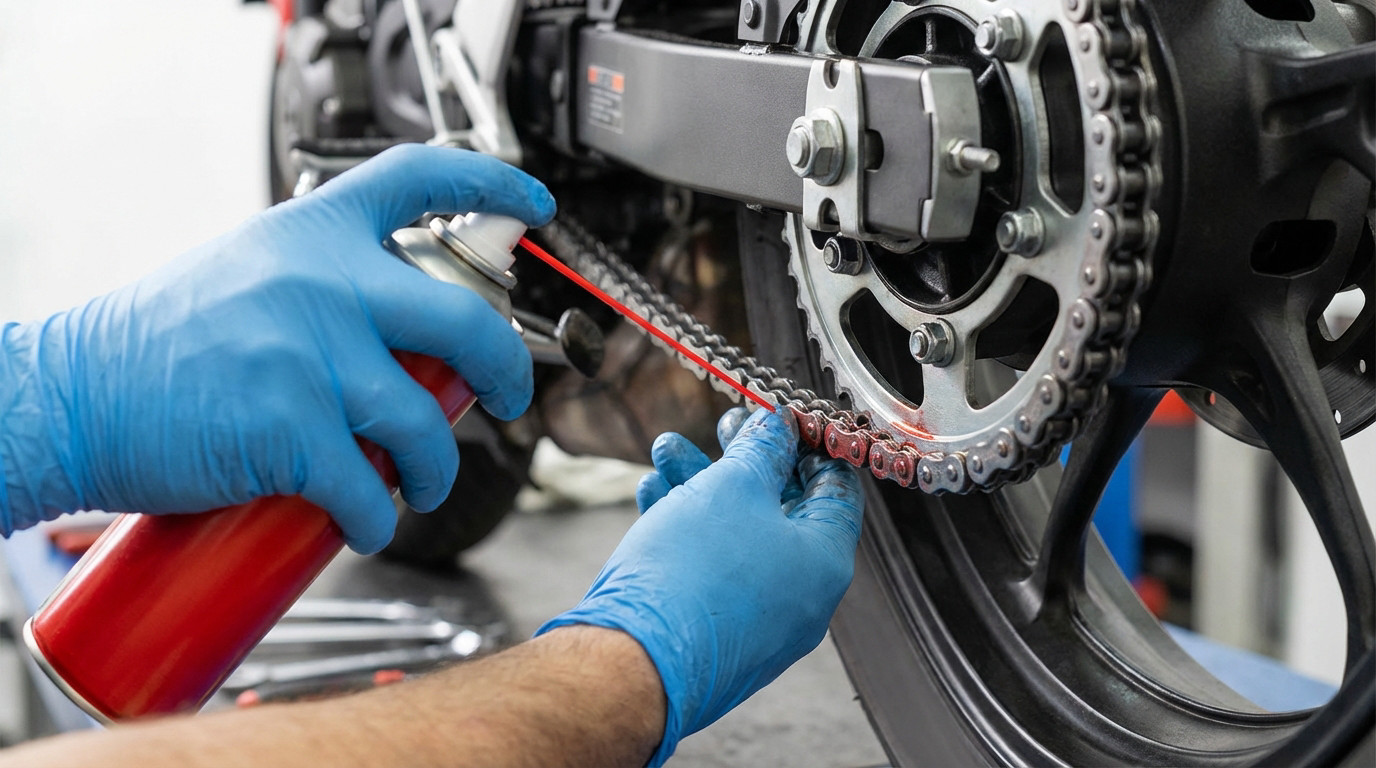 Mécanicien graissant une chaîne de moto avec un produit dégraissant