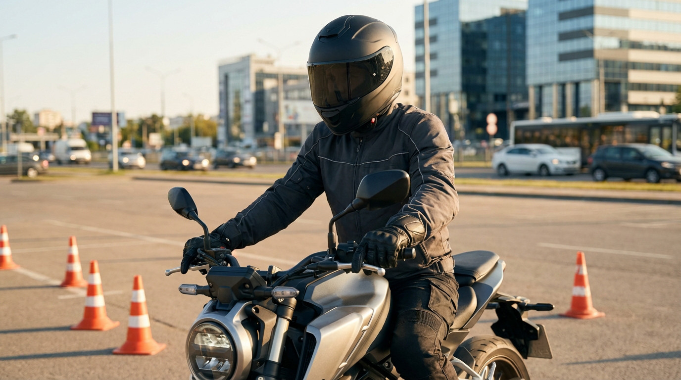 Motard en formation pour le permis moto, pratiquant sur un plateau avec une moto