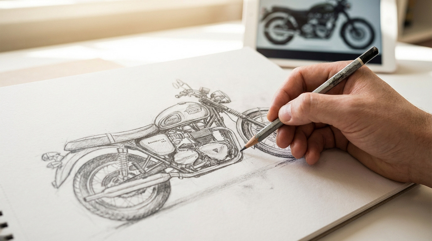 Dessin de moto utilisant la méthode des cercles pour un croquis équilibré