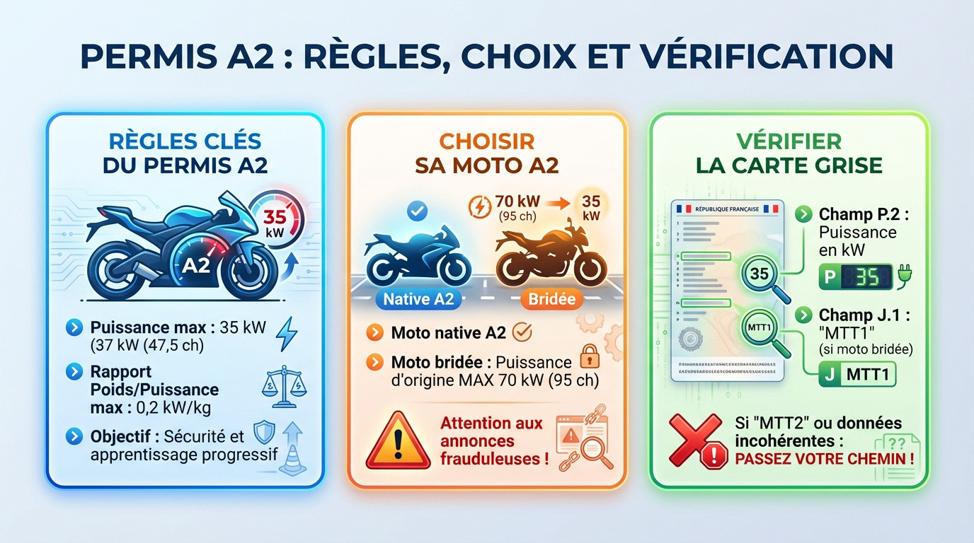 Schéma explicatif des critères du permis A2 : puissance 35 kW et rapport poids puissance