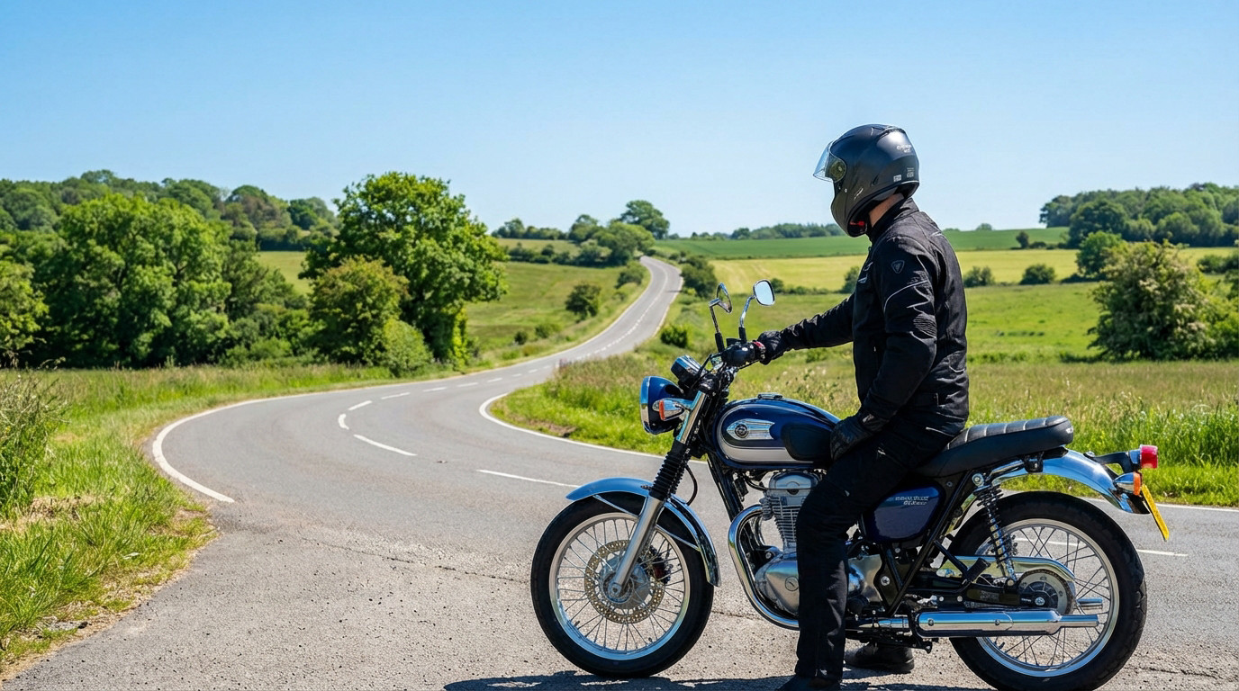 Moto 125 sur route avec compteur affichant 700 km d'autonomie