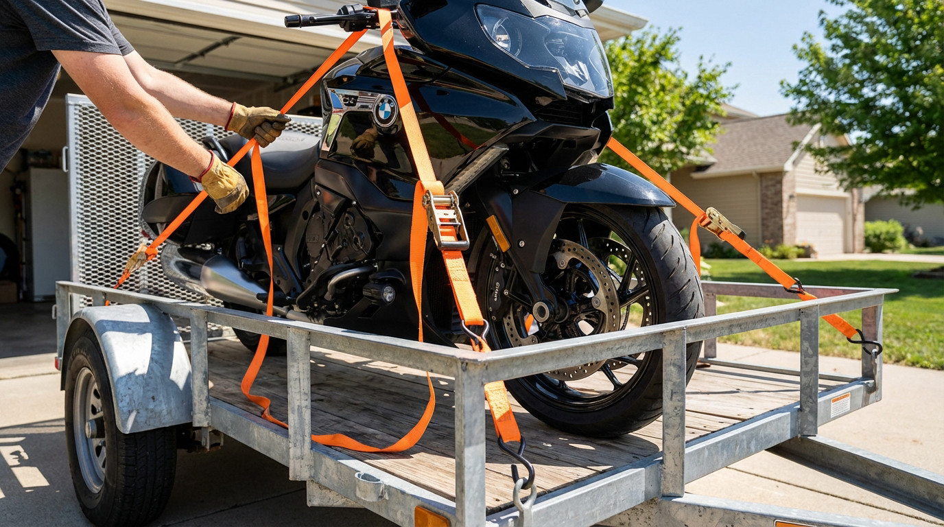 Moto sécurisée sur une remorque avec sangles à cliquet pour transport