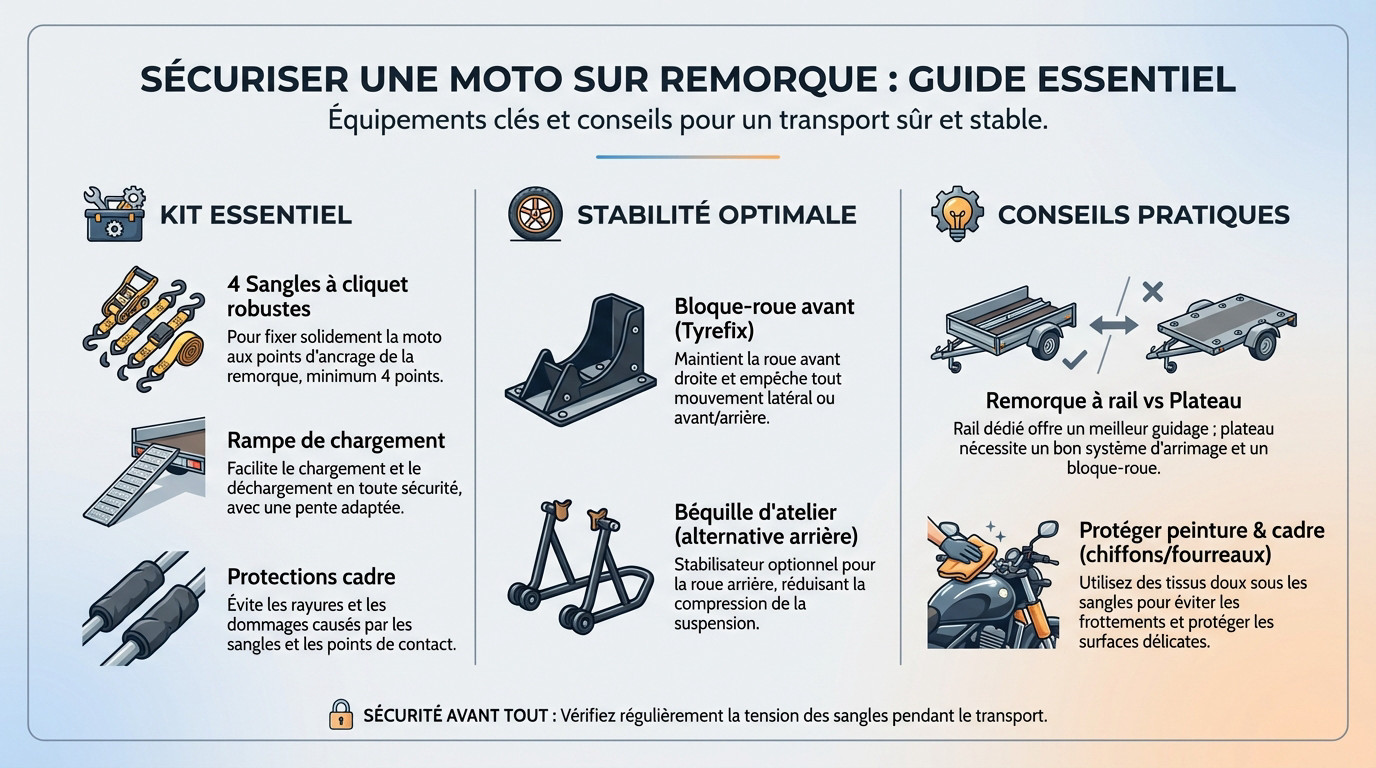 Moto solidement arrimée sur une remorque prête au transport