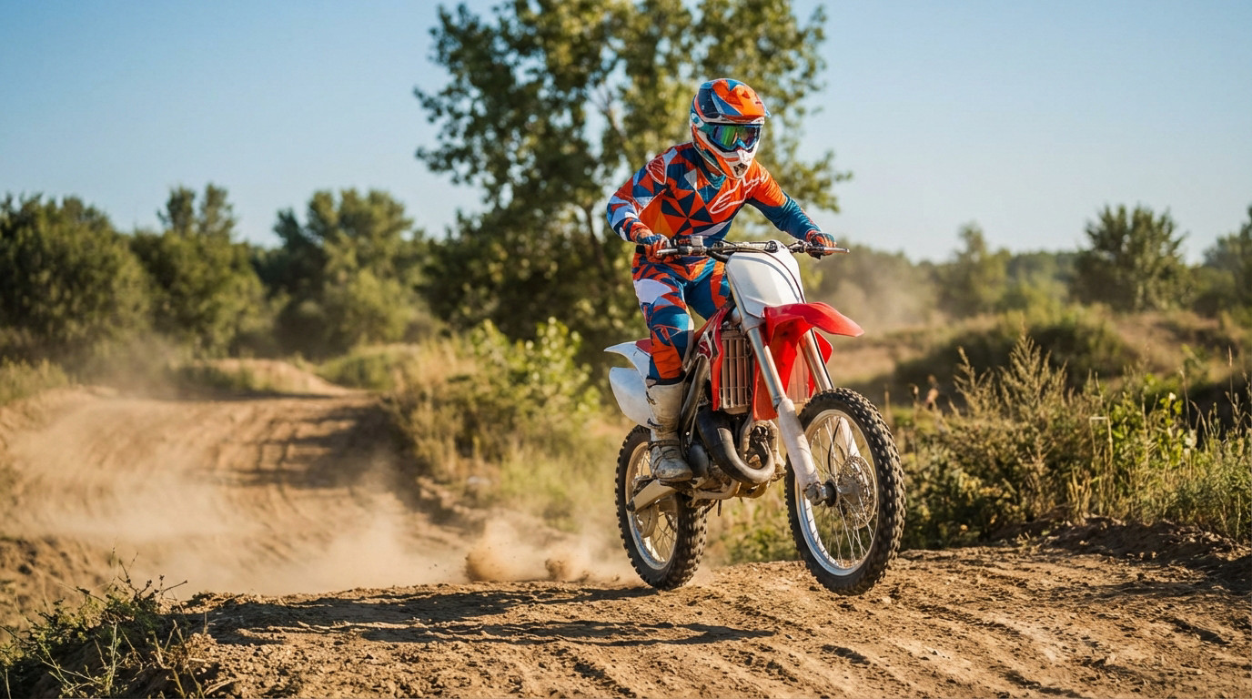 Jeune pilote de moto cross 125cc sur route, prêt à passer le permis A1