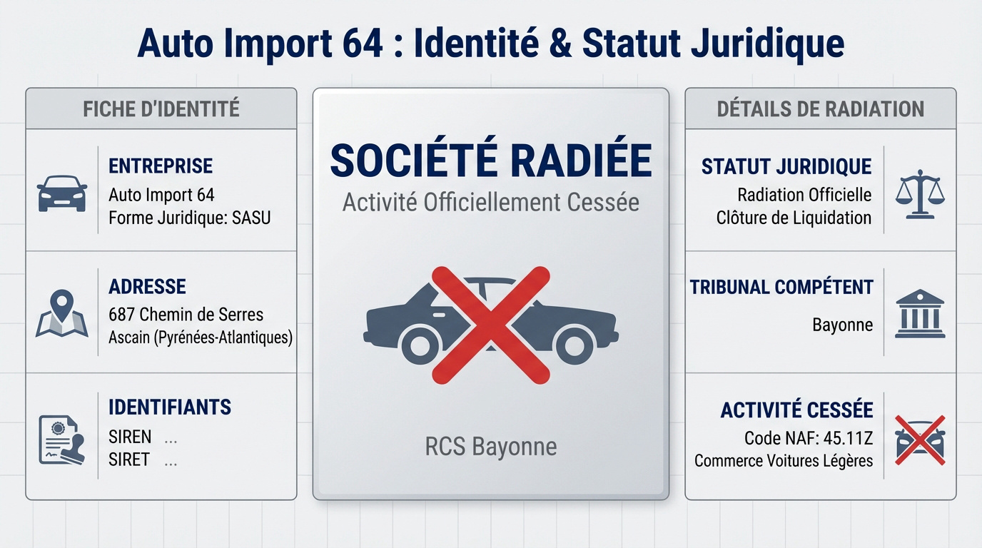 Informations administratives et statut de radiation de l'entreprise Auto Import 64 à Ascain
