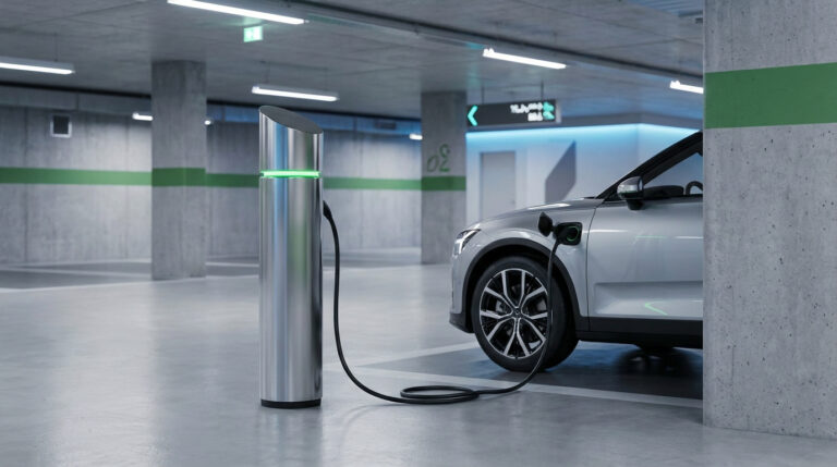 Véhicule électrique argenté branché à une borne de recharge cylindrique lumineuse dans un parking souterrain contemporain.
