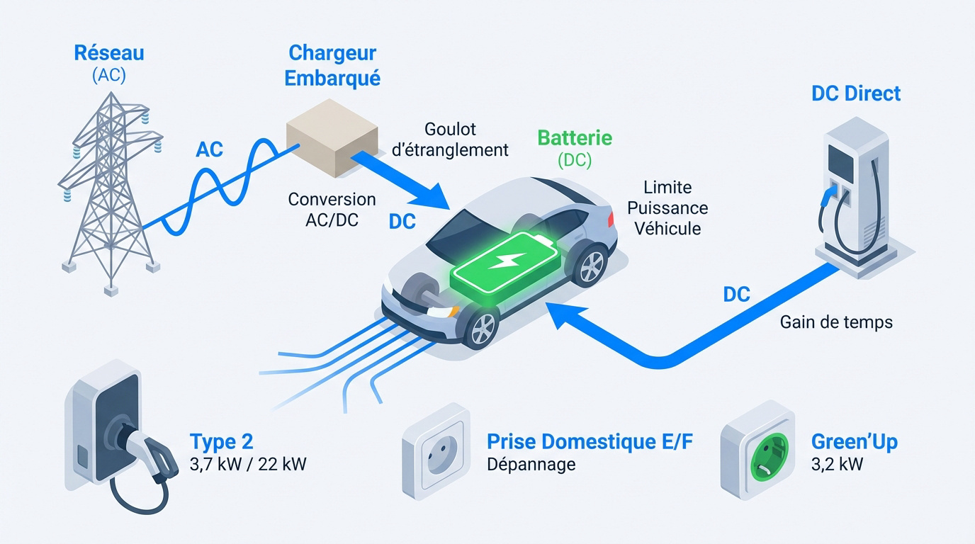Schéma explicatif des différents modes de recharge pour véhicules électriques
