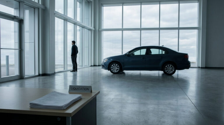 Homme contemplatif dans un showroom auto vide, avec une voiture bleue et un panneau "LIQUIDATION" sur un bureau.