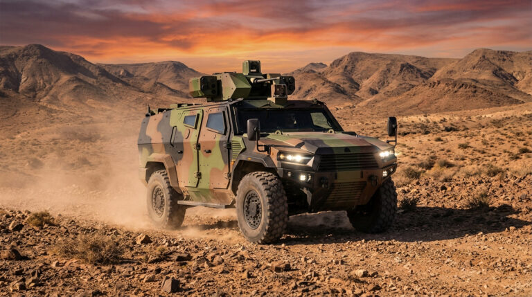 Véhicule blindé Arquus camouflé avec tourelle sur un terrain désertique rocailleux, soulevant de la poussière sous un ciel orange.