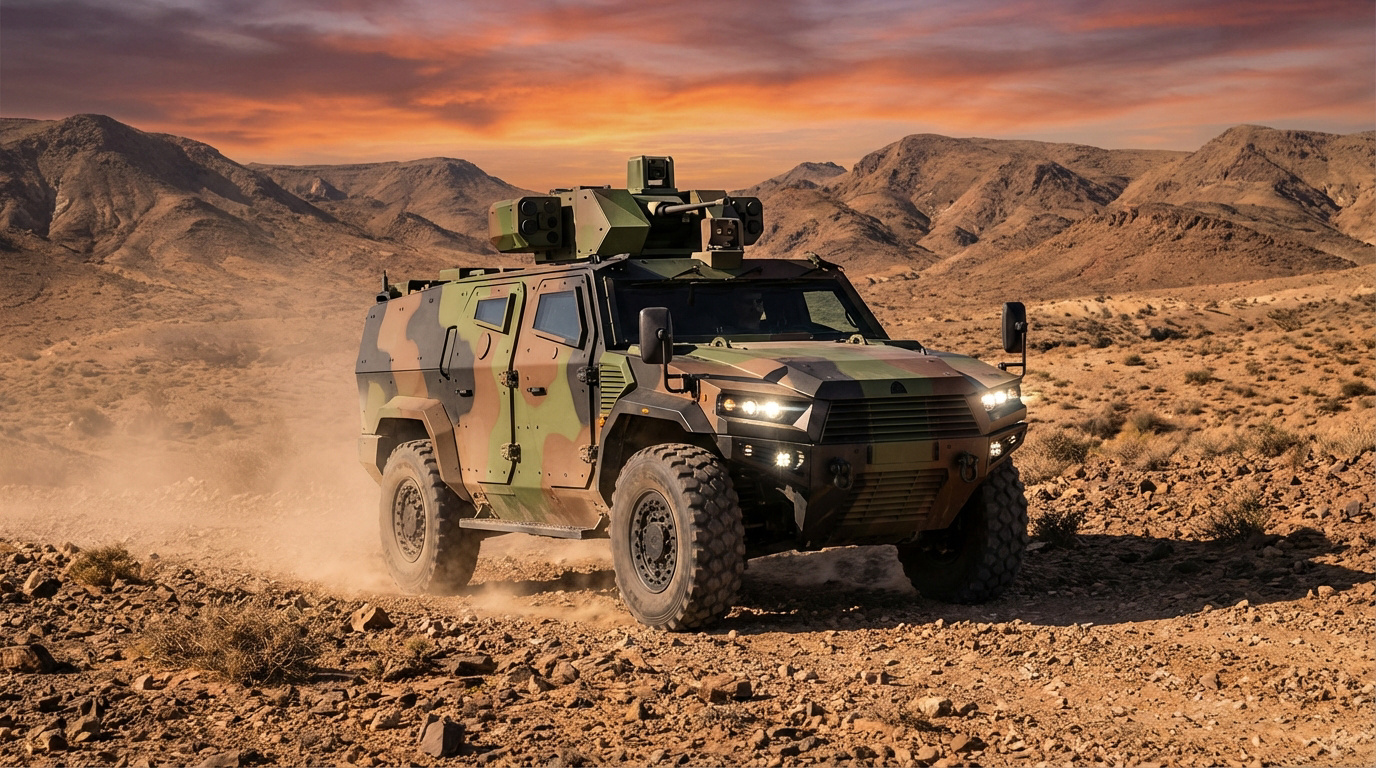 Véhicule blindé Arquus camouflé avec tourelle sur un terrain désertique rocailleux, soulevant de la poussière sous un ciel orange.