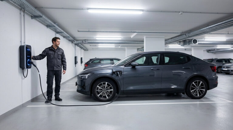 Un homme branche un véhicule électrique gris foncé à une borne de recharge murale moderne dans un parking souterrain.