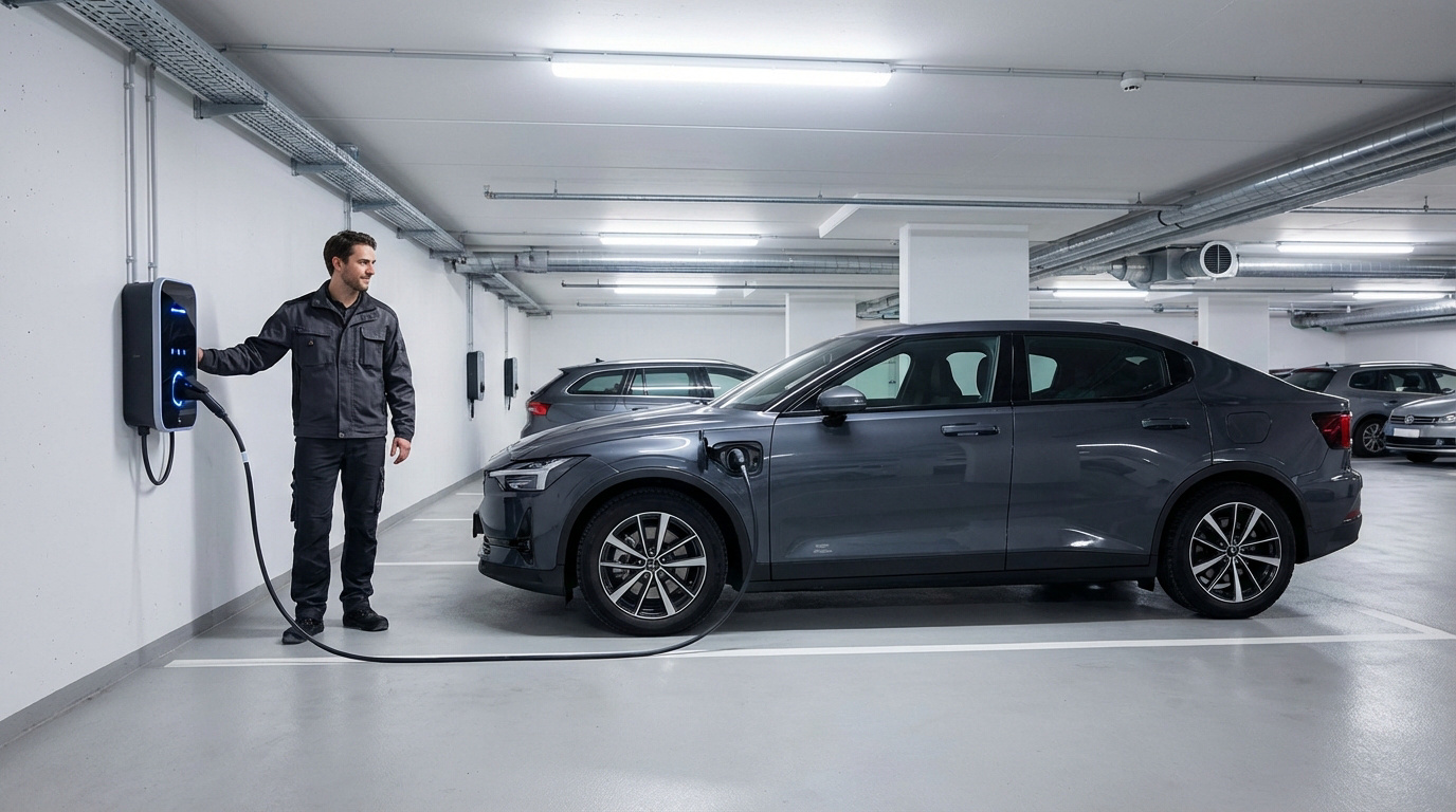 Un homme branche un véhicule électrique gris foncé à une borne de recharge murale moderne dans un parking souterrain.