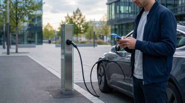 Un homme recharge sa voiture électrique grise sur une borne Izivia, consultant son téléphone devant un bâtiment moderne.