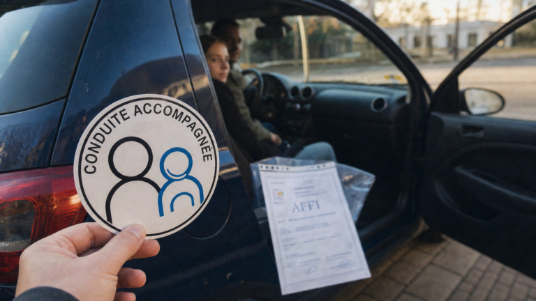 Conduite assistée : conduite accompagnée permis B, disque au bord de la route