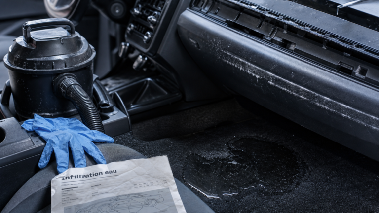 Eau qui rentre dans la voiture côté passager : flaque sur moquette près du pare-brise
