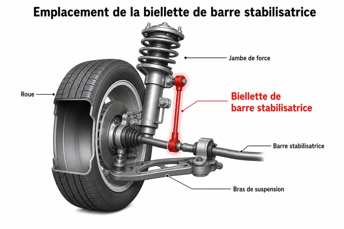 Schéma technique montrant l'emplacement d'une biellette de barre stabilisatrice pour le changement de la pièce