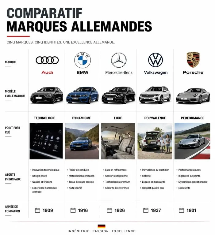 Tableau comparatif visuel des principales marques de voiture allemande : Audi, BMW, Mercedes, Volkswagen et Porsche.