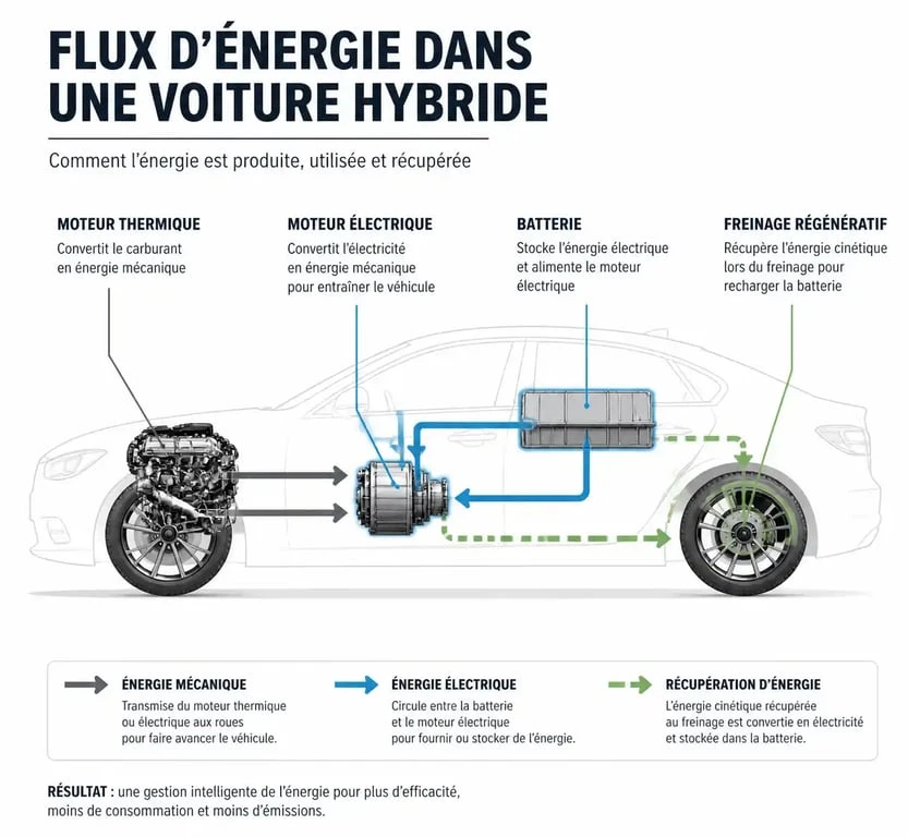 Schéma du fonctionnement d'une voiture hybride montrant les flux d'énergie entre le moteur thermique et électrique.
