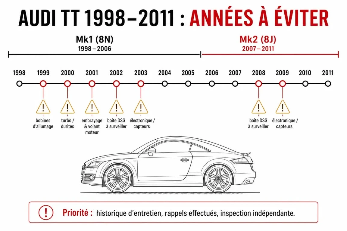 Infographie des modèles d'Audi TT à éviter lors d'un achat d'occasion, récapitulatif des pannes mécaniques par génération.