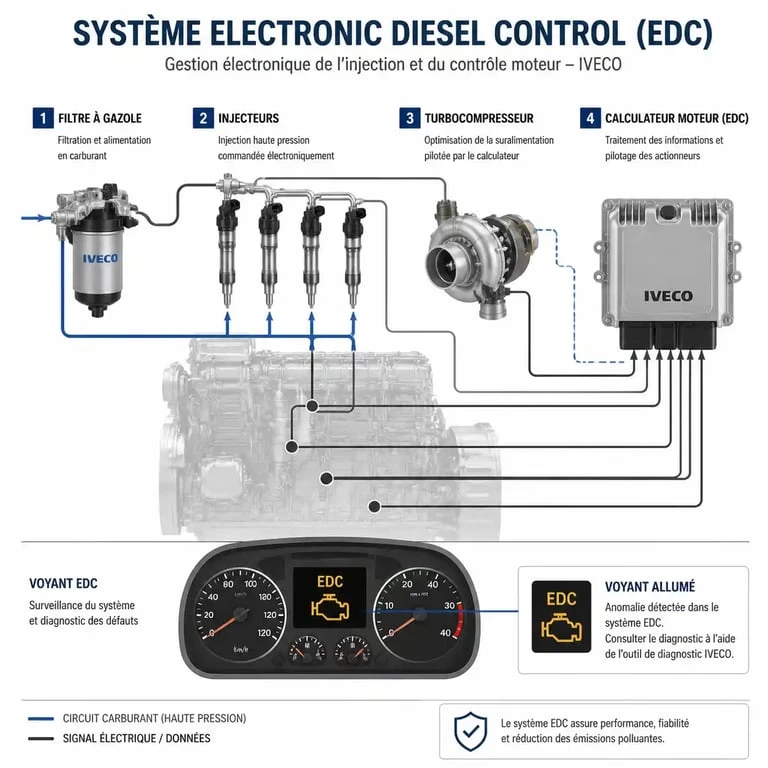 Schéma explicatif du système EDC sur Iveco Daily et causes d'allumage du voyant EDC