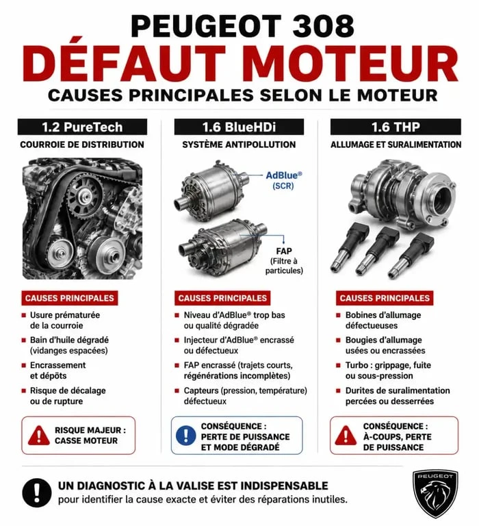 Infographie des causes fréquentes de défaut moteur sur Peugeot 308 PureTech, BlueHDi et THP