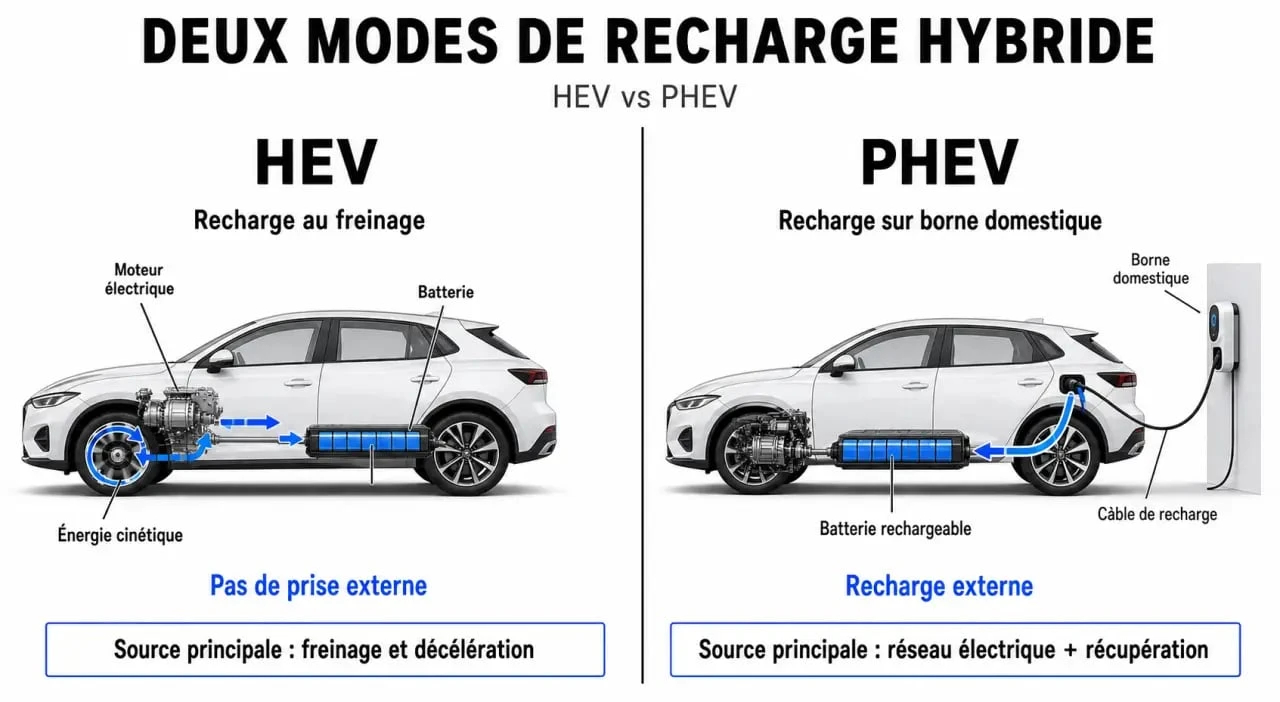 Infographie comparative des modes de recharge pour voiture hybride : HEV auto-rechargeable vs PHEV rechargeable.