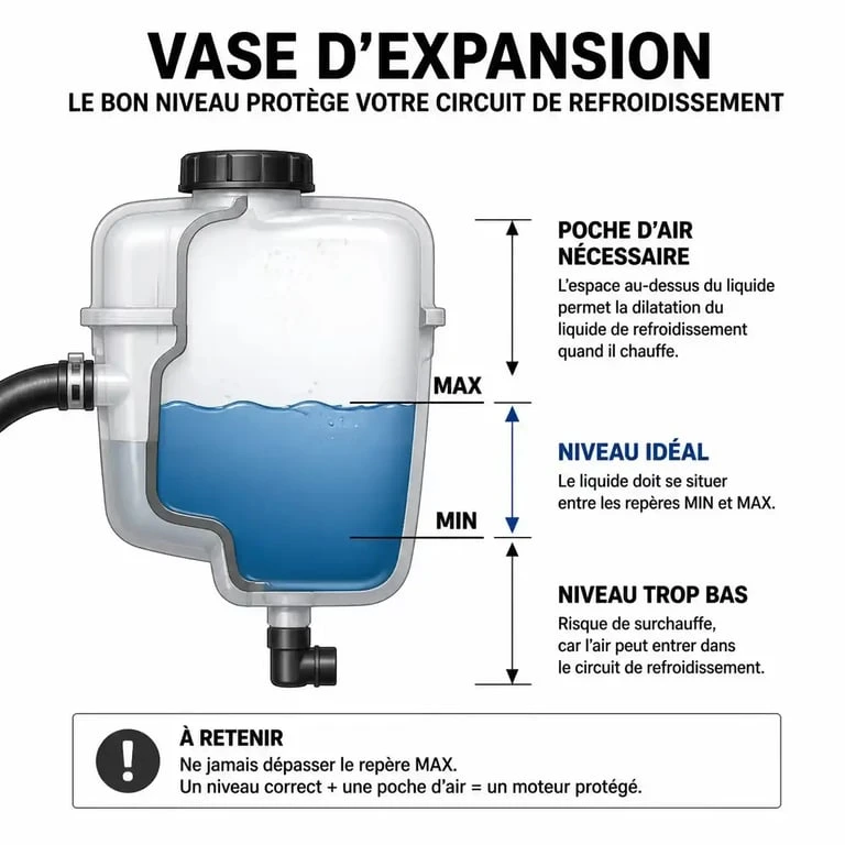 Schéma explicatif du niveau de liquide de refroidissement dans un vase d'expansion pour éviter un trop de liquide de refroidissement