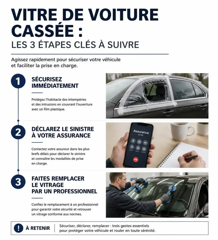 Infographie des étapes à suivre en cas de vitre cassée sur une voiture : sécurisation, assurance et réparation.