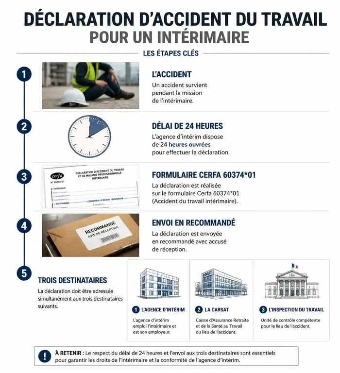 Infographie du processus de déclaration d'accident du travail avec le formulaire Cerfa 603741 pour les salariés intérimaires