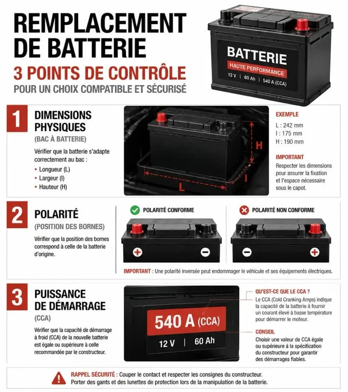 Schéma des trois points de contrôle pour remplacer une batterie de voiture 60Ah par une 70Ah