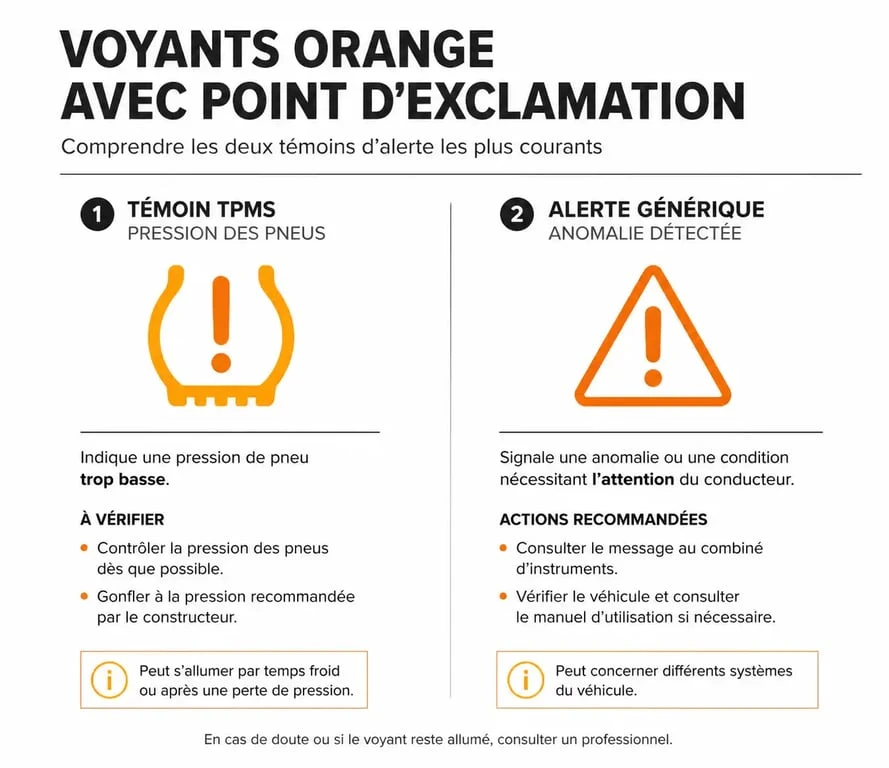 Schéma explicatif des voyants orange avec point d'exclamation sur le tableau de bord : TPMS et alerte générique.