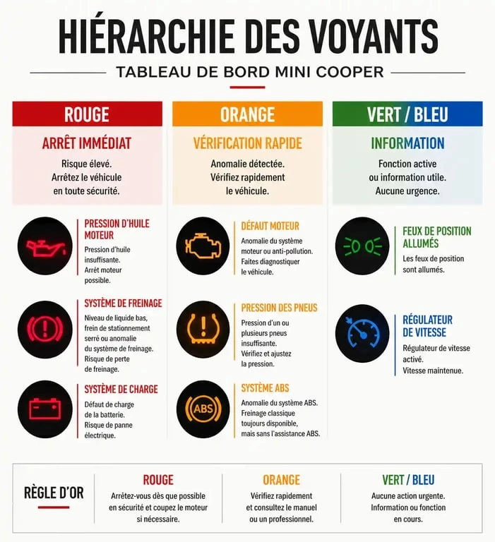 Infographie des voyants de tableau de bord Mini Cooper classés par code couleur et niveau d'urgence