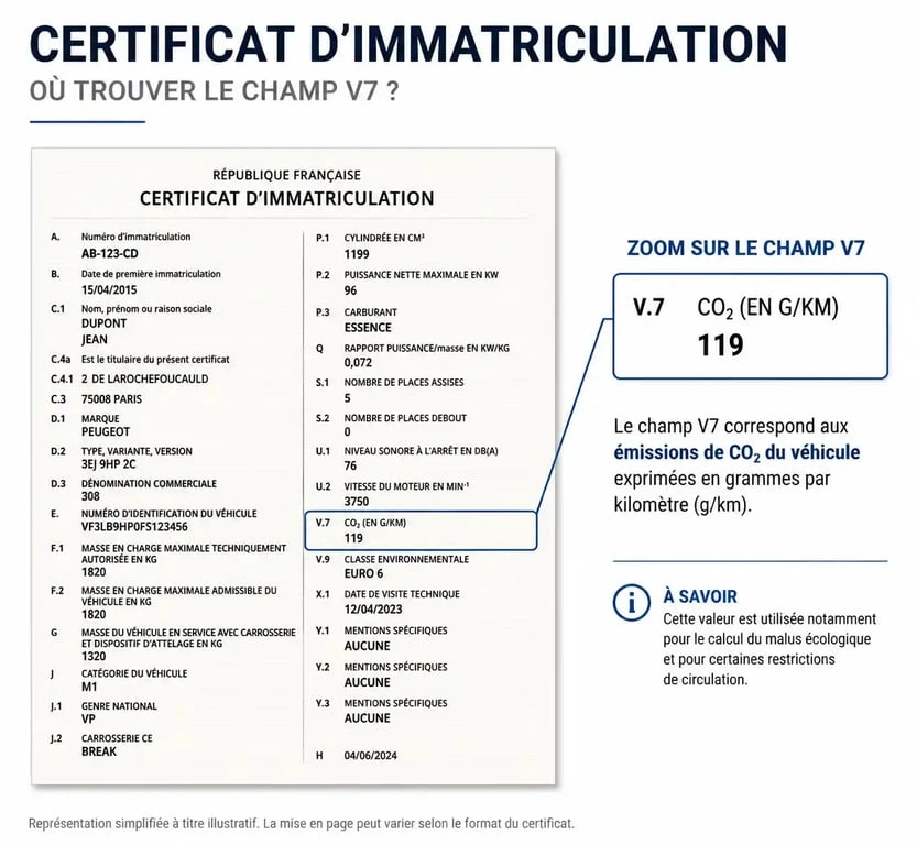 Emplacement du champ V7 sur une carte grise pour identifier le taux de CO2