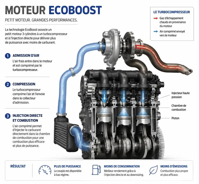 Fonctionnement technique du moteur EcoBoost Ford avec turbocompresseur et injection directe