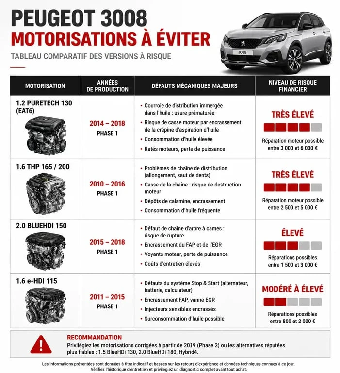 Tableau récapitulatif des modèles de Peugeot 3008 à éviter et risques mécaniques associés pour un achat d'occasion.