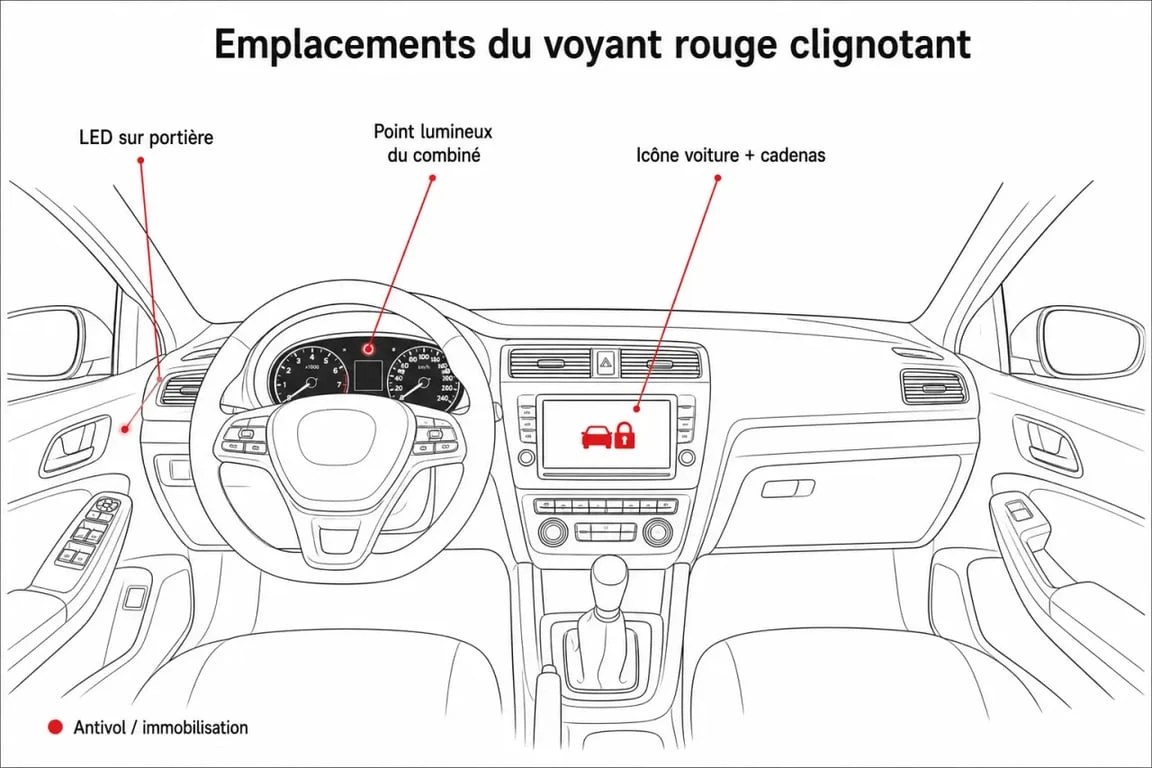 Schéma des différents emplacements du voyant rouge qui clignote voiture éteinte