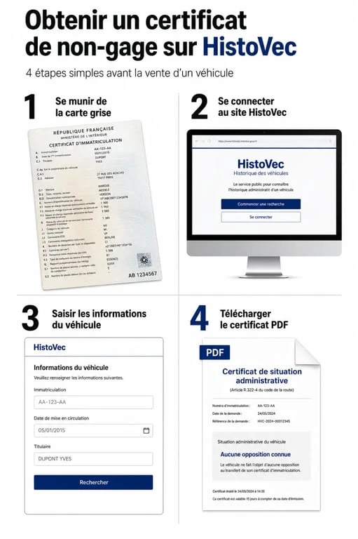 Infographie des étapes pour vérifier si une voiture est gagée sur HistoVec