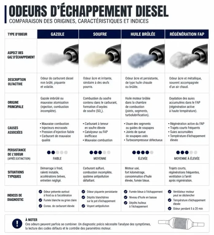 Tableau récapitulatif des causes de mauvaise odeur d'échappement diesel selon la couleur de la fumée
