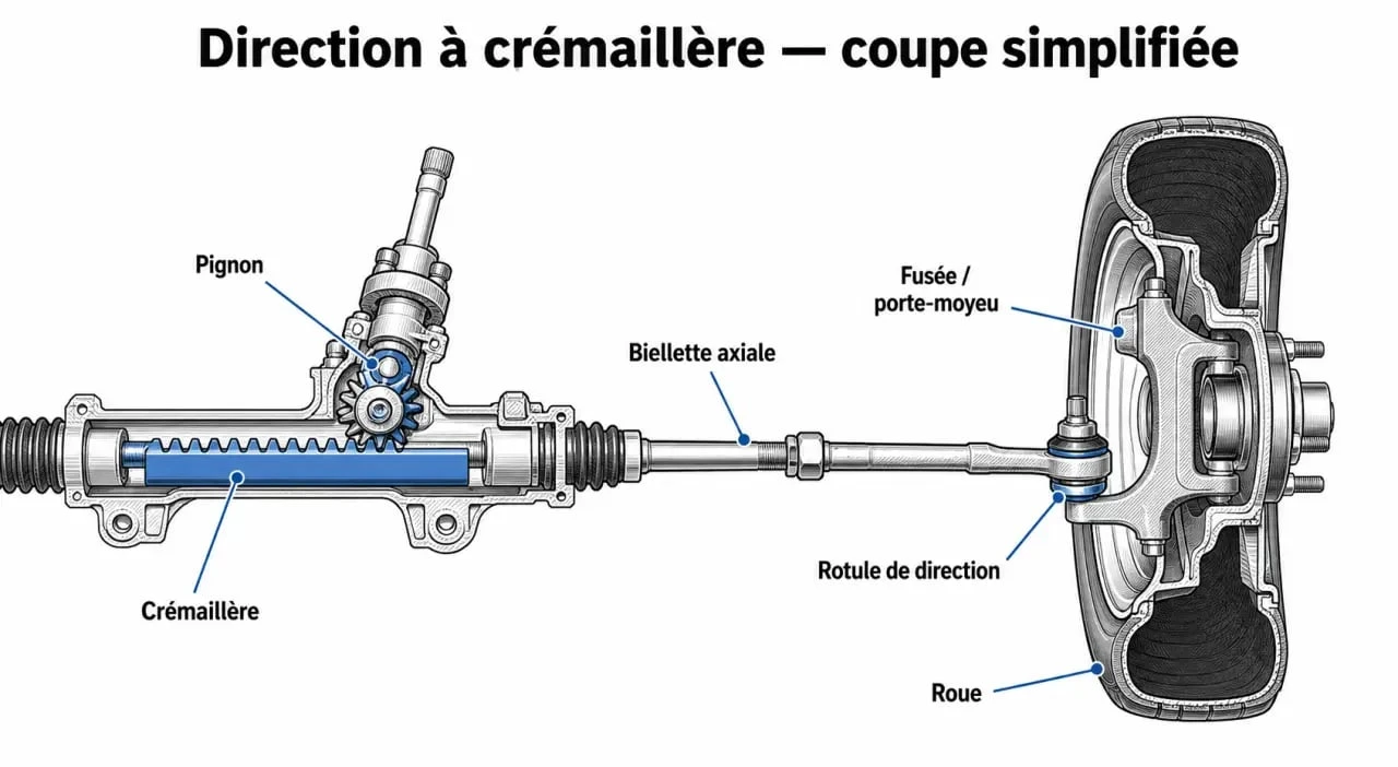Schéma explicatif des composants d'une biellette de direction et rotule sur un train avant de voiture